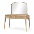 Coiffeuse en bois beige et cannage avec miroir, 2 tiroirs et finitions dorées, 120 × 50 × 145 cm