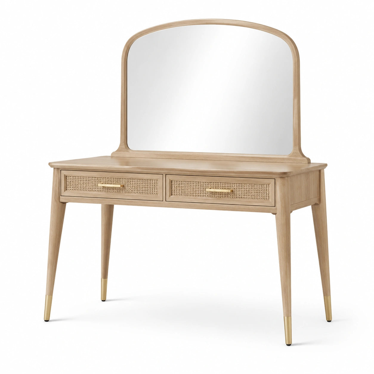 Coiffeuse en bois beige et cannage avec miroir, 2 tiroirs et finitions dorées, 120 × 50 × 145 cm
