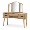 Coiffeuse en bois naturel 120 × 45 × 137 cm avec miroir triptyque rabattable et 5 tiroirs