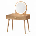 Coiffeuse en bois naturel et cannage avec miroir rond éclairé et tiroir, 80 × 40 × 130 cm