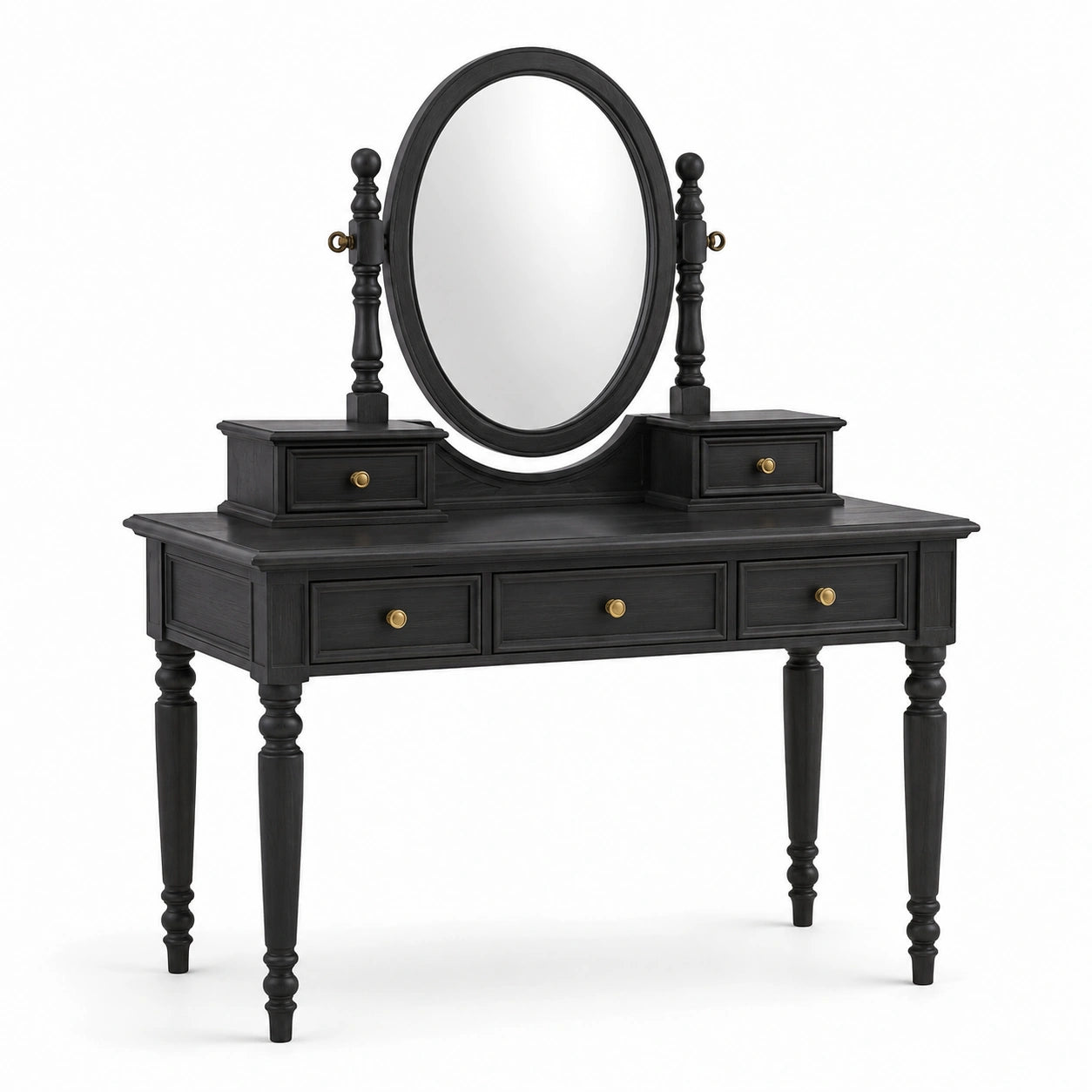 Coiffeuse noire avec finitions laiton, miroir ovale inclinable et 5 tiroirs, 120 × 45 × 150 cm