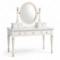 Coiffeuse blanche, dorée et grise 120 × 50 × 150 cm avec miroir ovale orientable et 5 tiroirs
