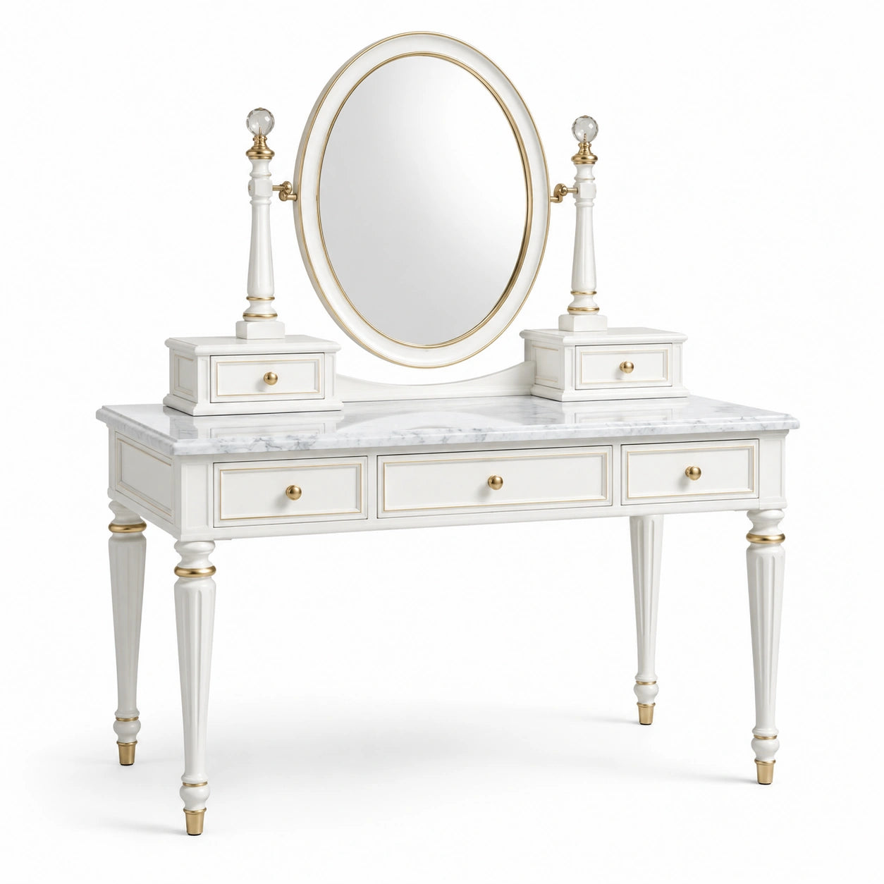 Coiffeuse blanche, dorée et grise 120 × 50 × 150 cm avec miroir ovale orientable et 5 tiroirs