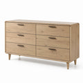 Commode scandinave à 6 tiroirs, finition chêne naturel et poignées noires, 140 x 45 x 80 cm