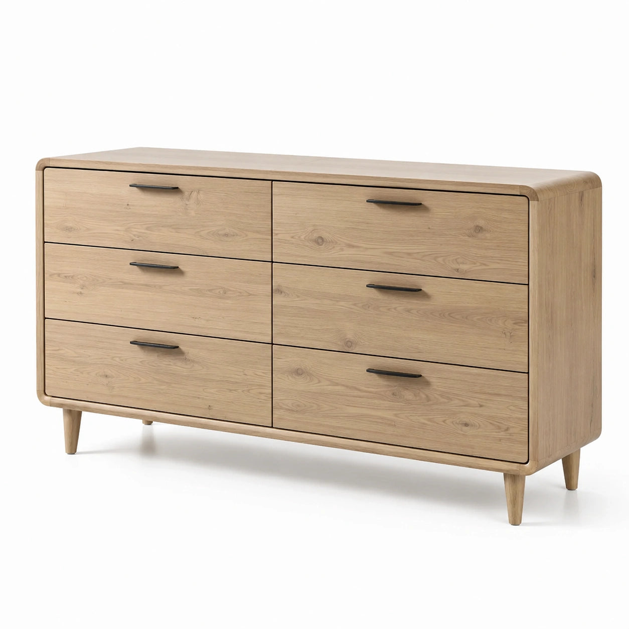 Commode scandinave à 6 tiroirs, finition chêne naturel et poignées noires, 140 x 45 x 80 cm