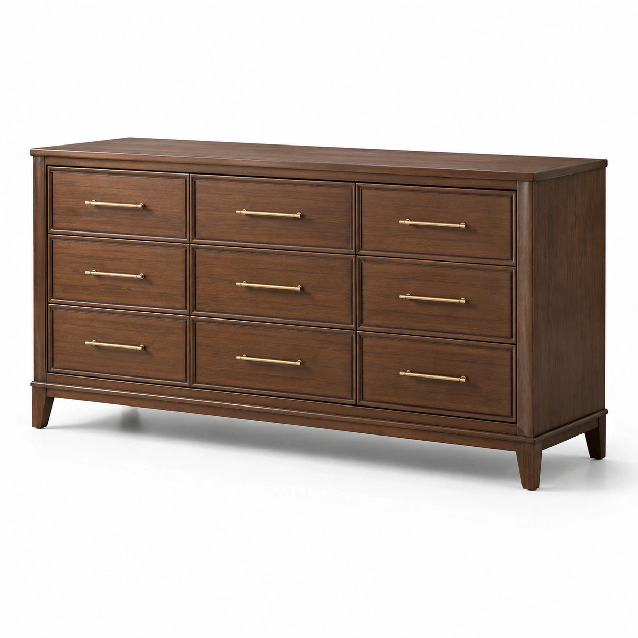 Commode classique à 9 tiroirs en bois brun foncé avec poignées dorées, 160 × 45 × 90 cm