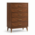 Commode haute à 5 tiroirs, 90 × 45 × 130 cm, finition brune effet bois et détails dorés, style moderne
