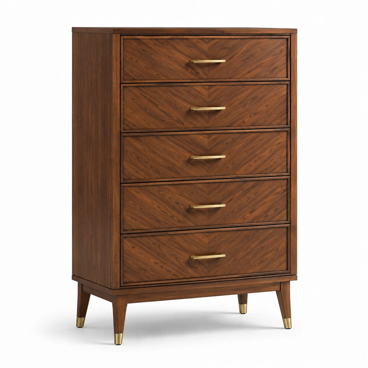 Commode haute à 5 tiroirs, 90 × 45 × 130 cm, finition brune effet bois et détails dorés, style moderne