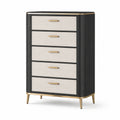 Commode haute à 5 tiroirs, 80 × 40 × 120 cm, bois noir, façades en tissu beige et détails dorés