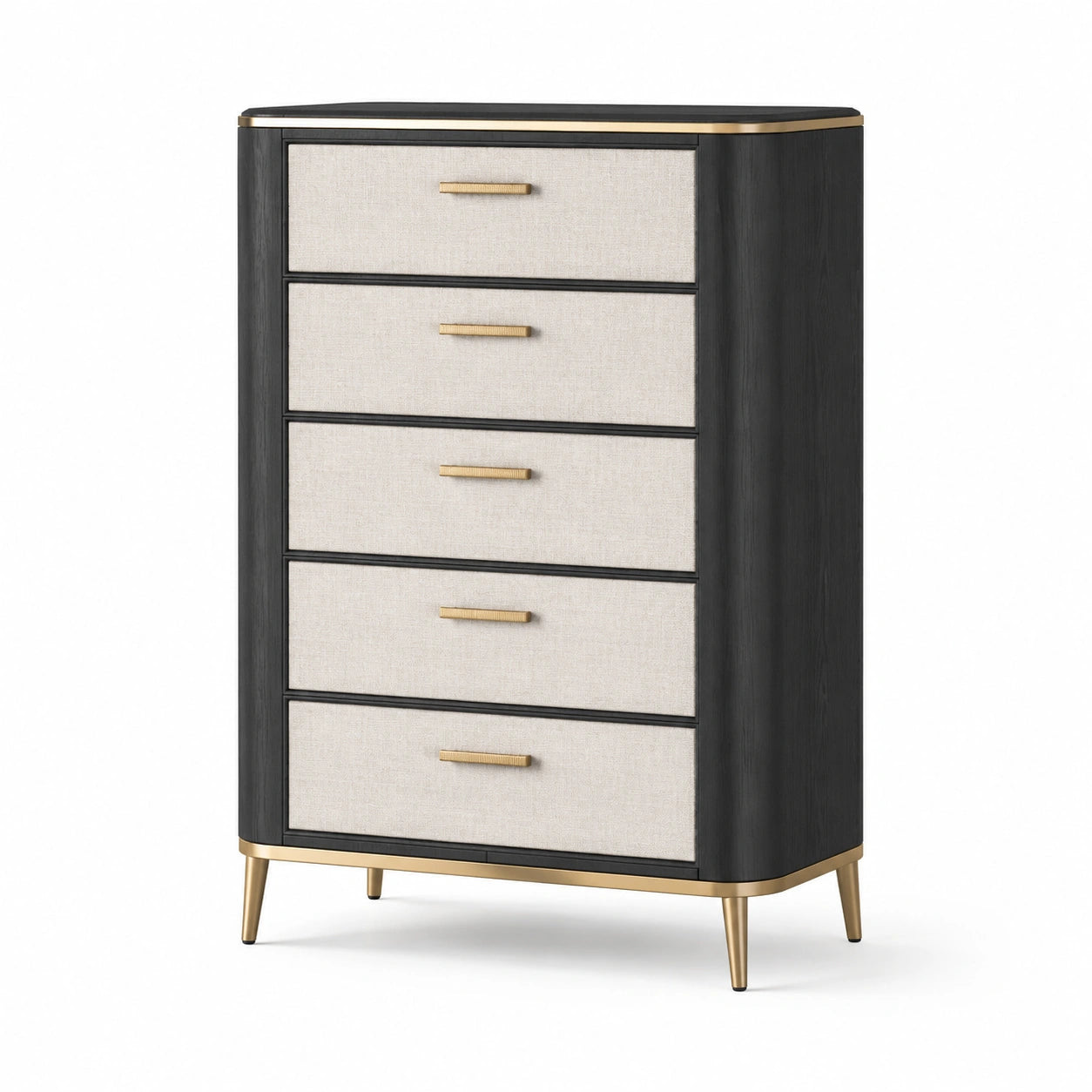 Commode haute à 5 tiroirs, 80 × 40 × 120 cm, bois noir, façades en tissu beige et détails dorés