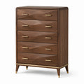 Commode haute à 5 tiroirs en bois brun noyer avec détails dorés, 90 × 45 × 130 cm