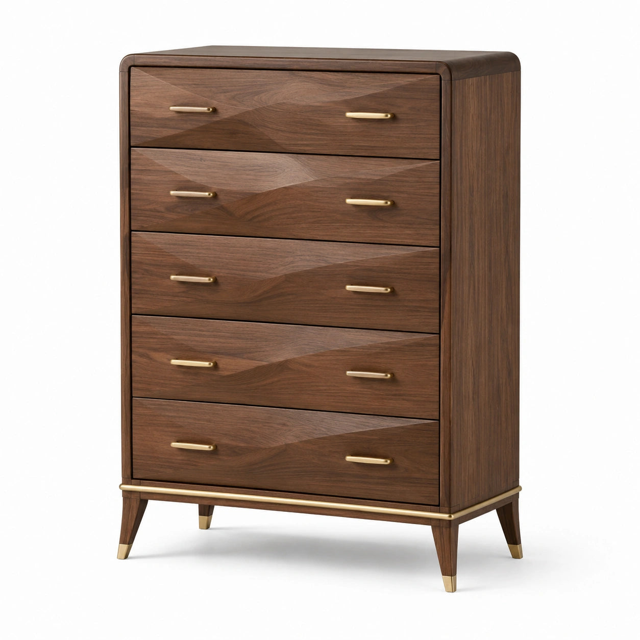 Commode haute à 5 tiroirs en bois brun noyer avec détails dorés, 90 × 45 × 130 cm