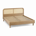 Lit double en bois brun clair et cannage beige avec sommier à lattes, couchage 160 × 200 cm, dimensions 214 × 168 × 110 cm