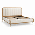 Lit double en bois naturel et tissu bouclé crème avec sommier à lattes, couchage 160 × 200 cm, dimensions 218 × 176 × 115 cm