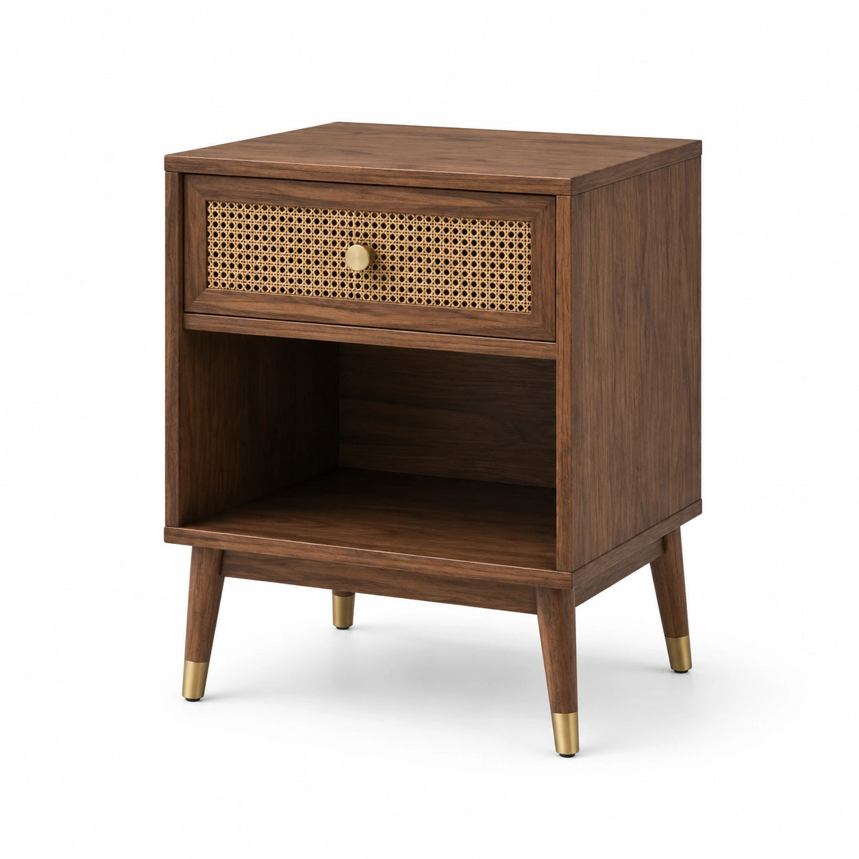 Table de chevet rétro 45 × 40 × 60 cm, finition noyer brun, cannage naturel, tiroir et niche ouverte