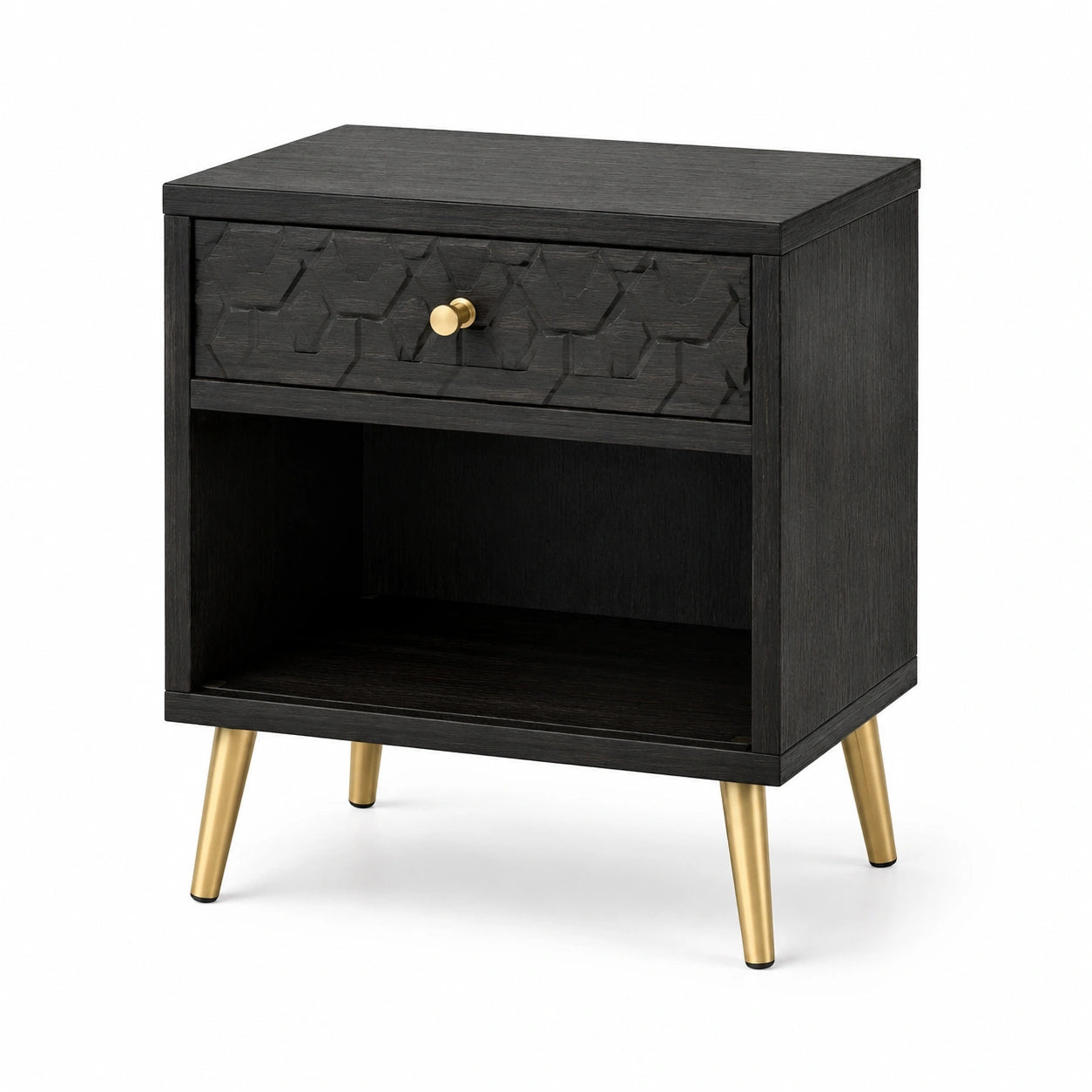 Table de chevet noire et dorée avec tiroir et niche ouverte, 50 × 40 × 60 cm