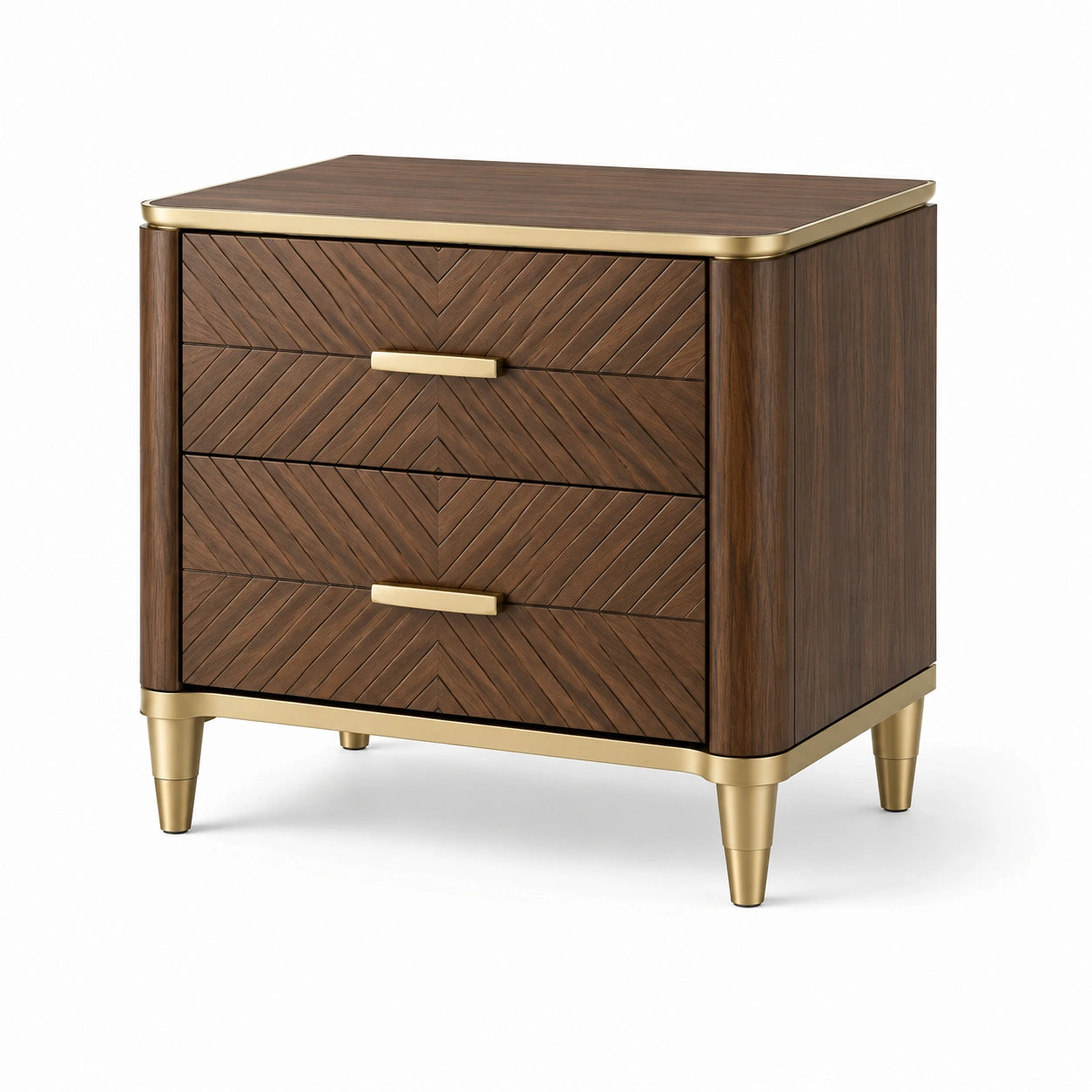 Table de chevet en bois brun et métal doré, 2 tiroirs, 60 × 45 × 65 cm