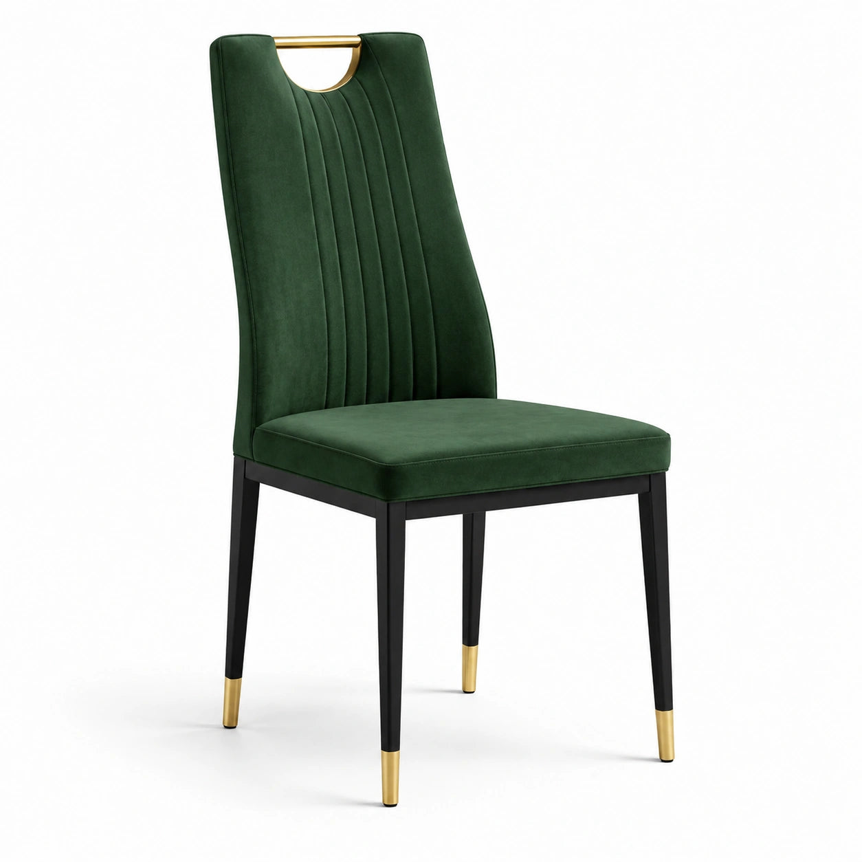 Chaise de salle à manger en velours vert foncé avec pieds noirs et finitions dorées, 58 × 50 × 95 cm