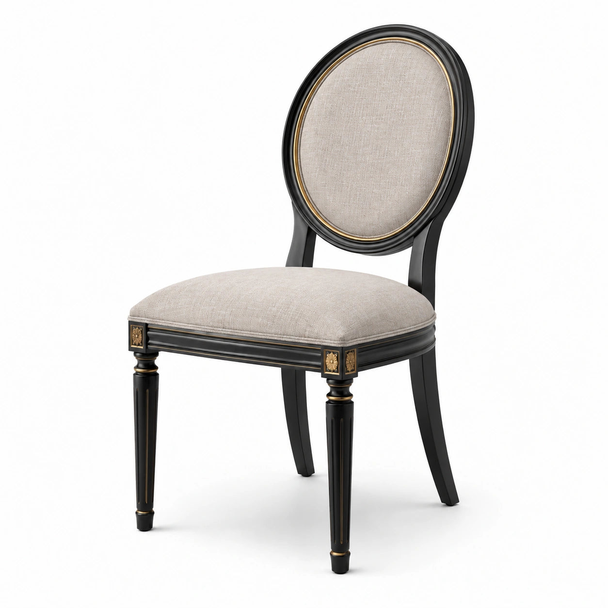 Chaise rembourrée à dossier médaillon, 50 × 55 × 96 cm, bois noir, tissu beige et détails dorés